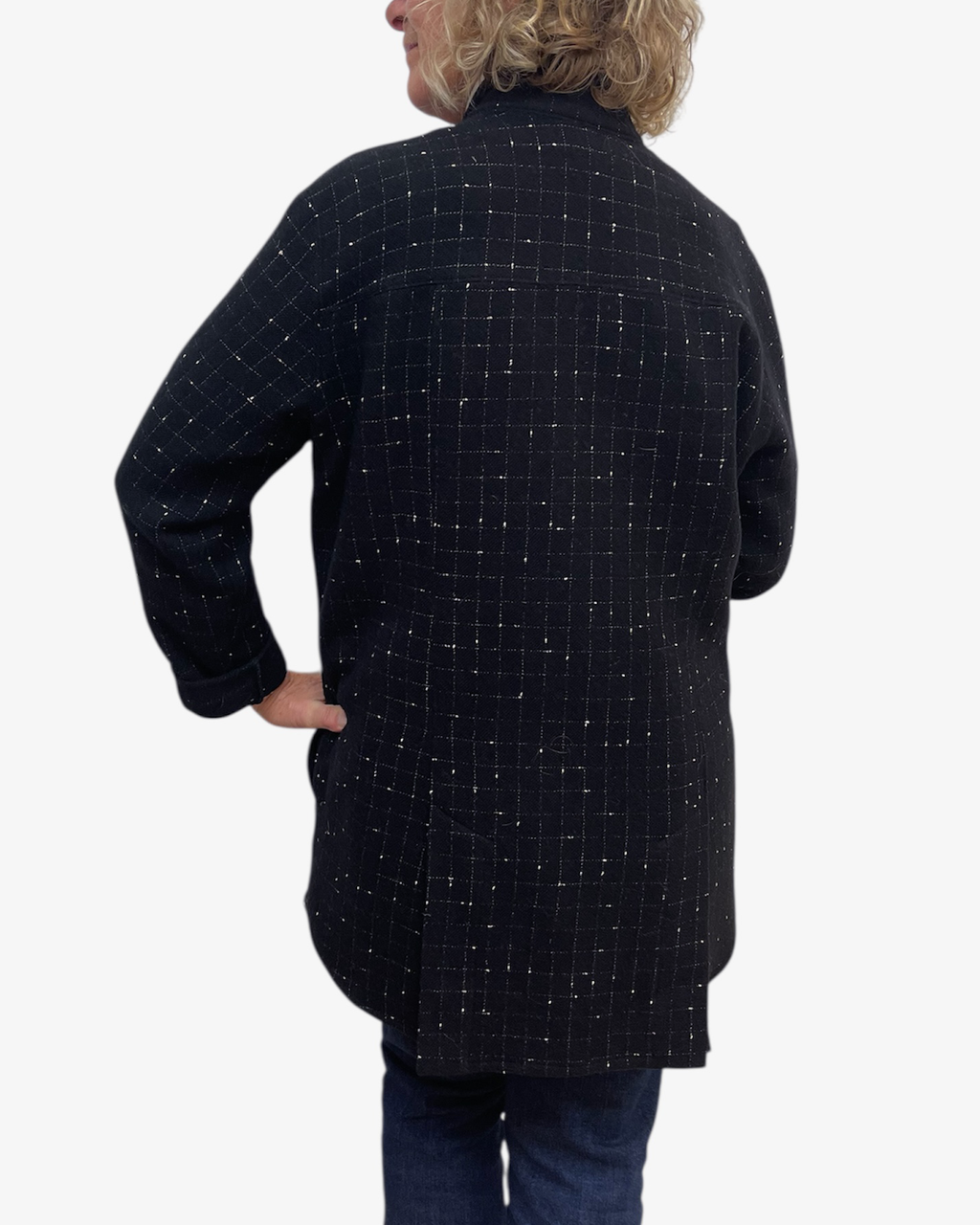 Black White Windowpane Wool Blend A-Line Jacket Vents | Engayla