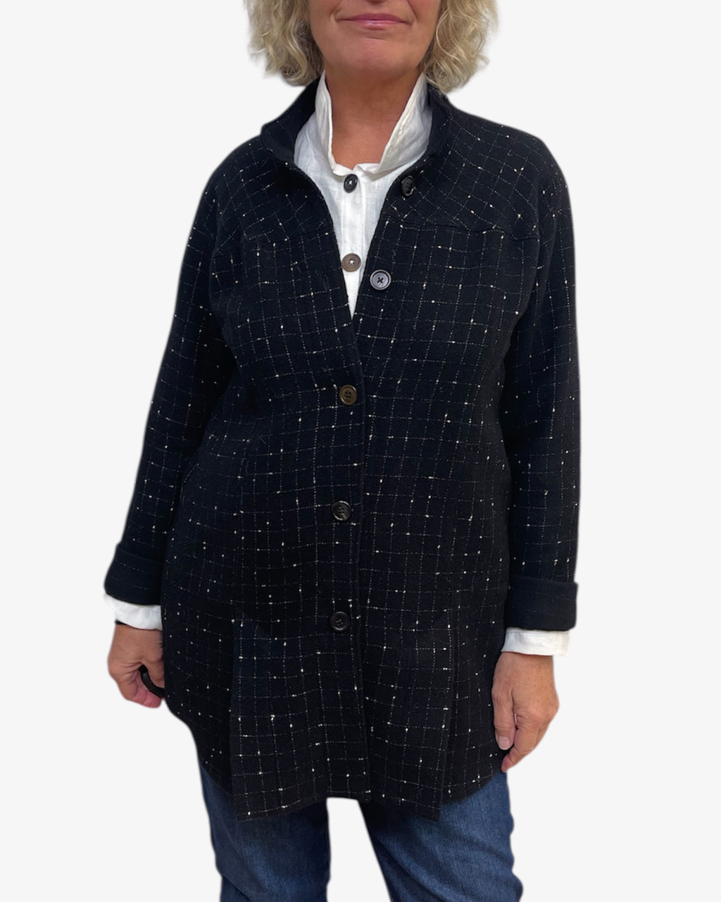Black White Windowpane Wool Blend A-Line Jacket Vents | Engayla