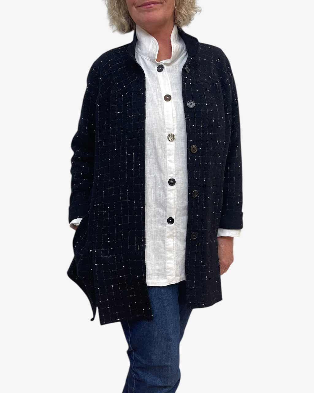 Black White Windowpane Wool Blend A-Line Jacket Vents | Engayla
