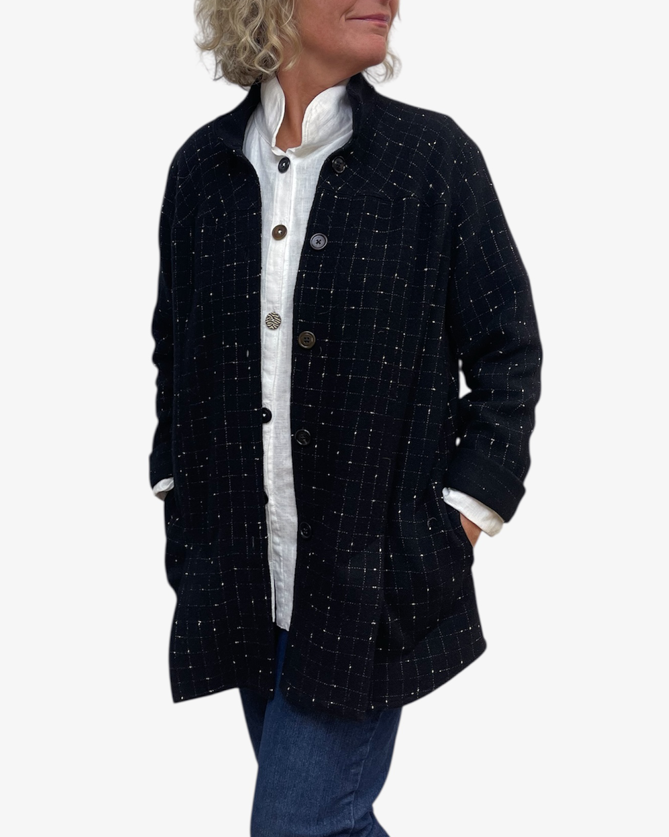 Black White Windowpane Wool Blend A-Line Jacket Vents | Engayla