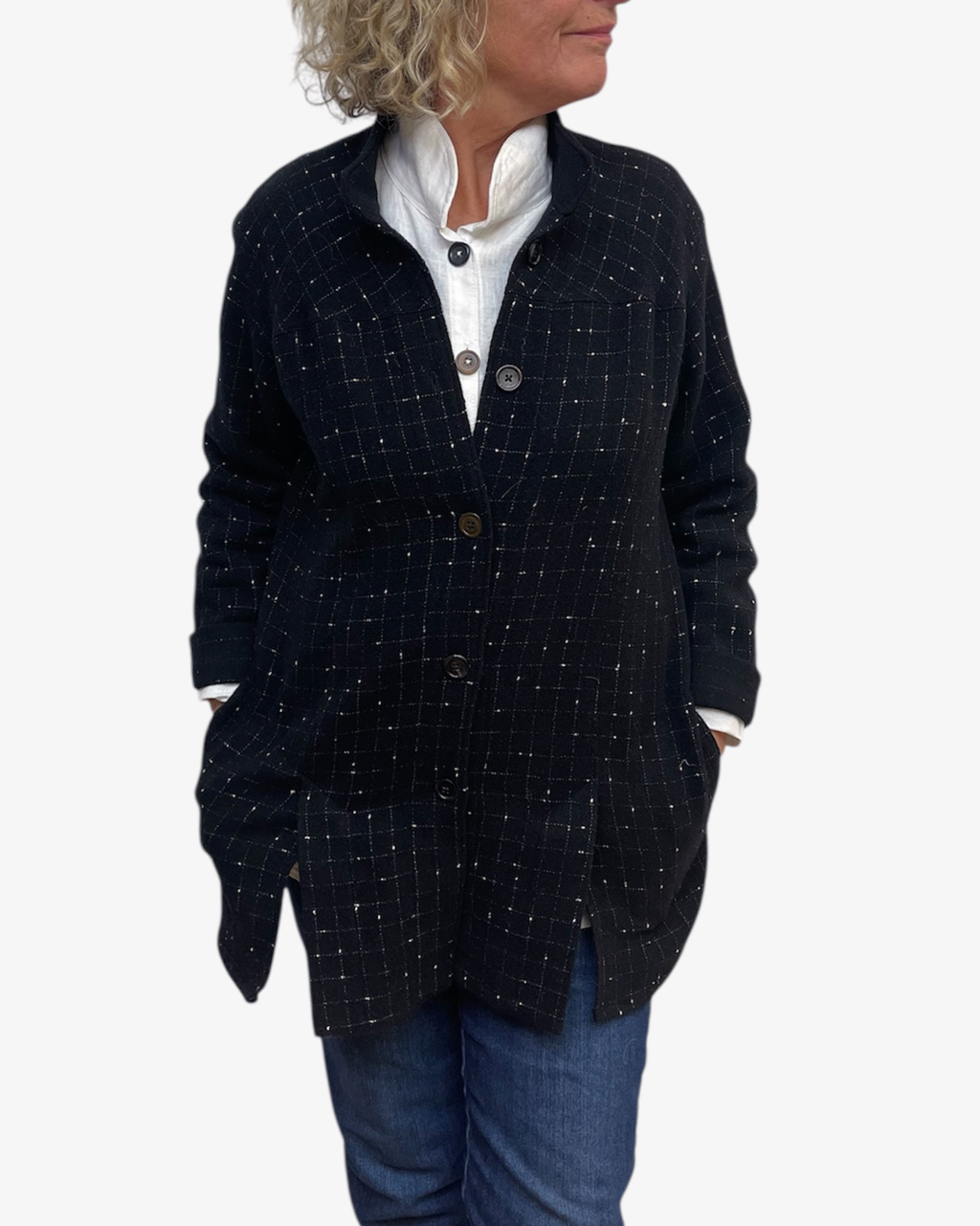 Black White Windowpane Wool Blend A-Line Jacket Vents | Engayla