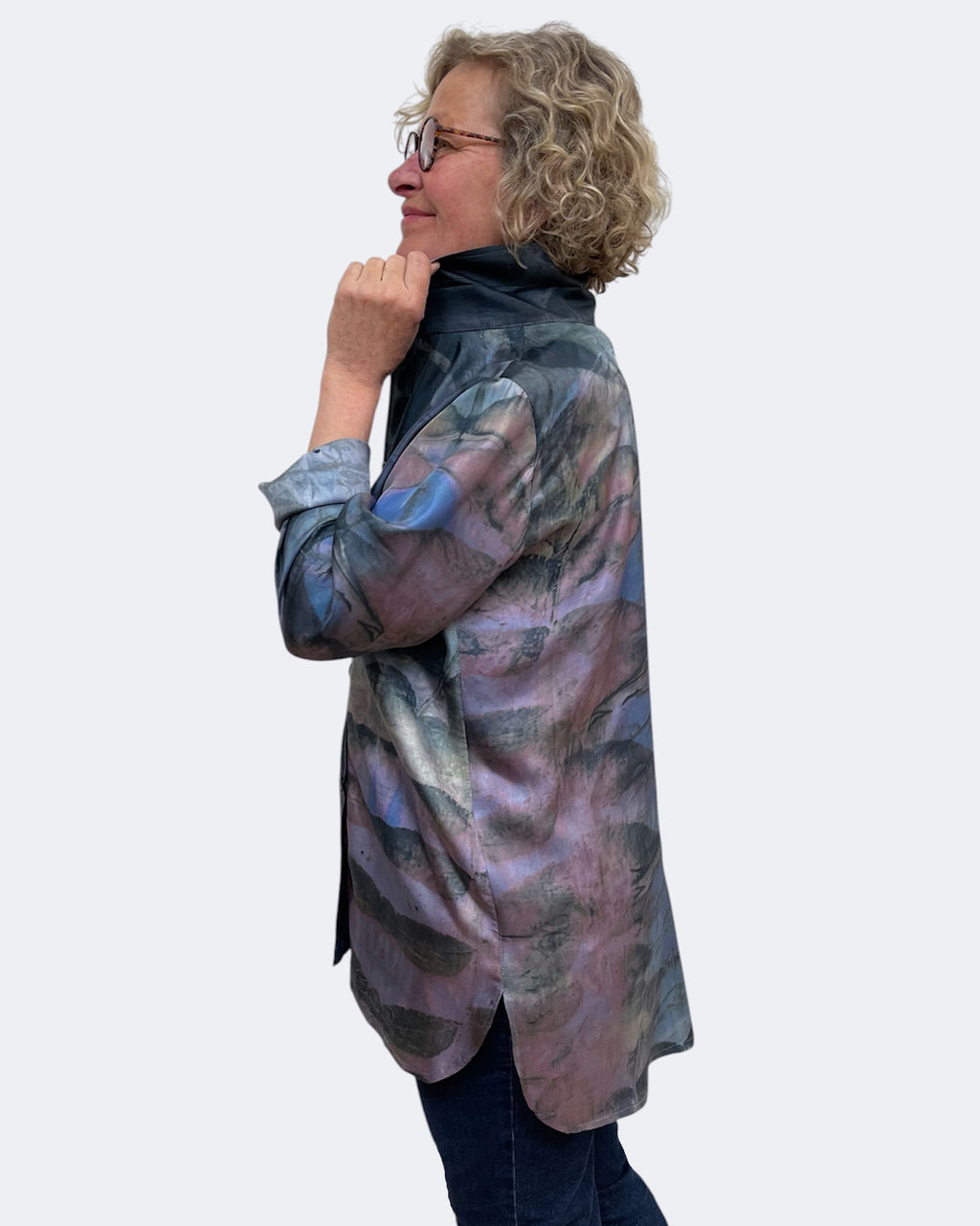 Purple Eco Print Silk Twill Shirttail Shirt Black Walnut | Engayla