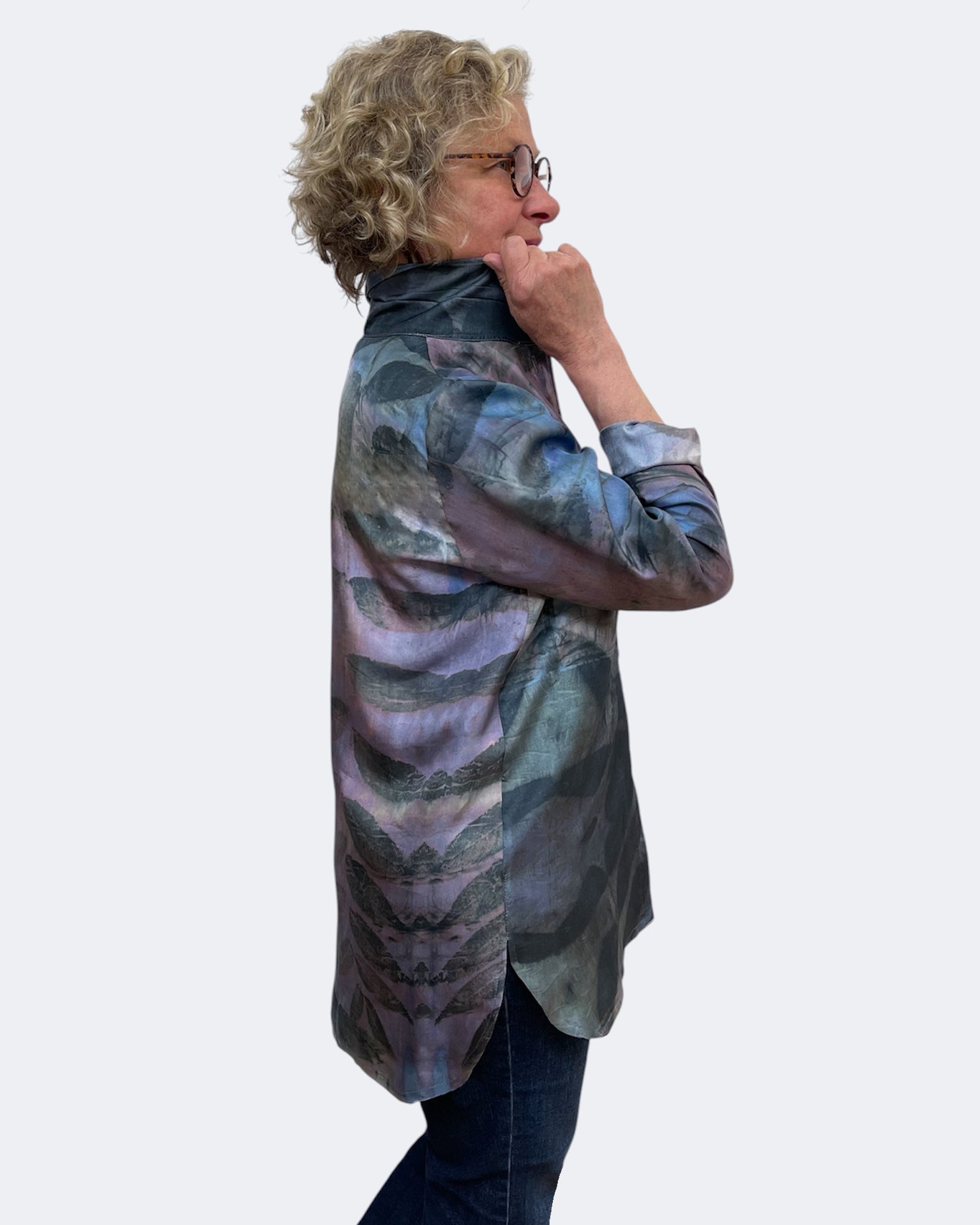 Purple Eco Print Silk Twill Shirttail Shirt Black Walnut | Engayla
