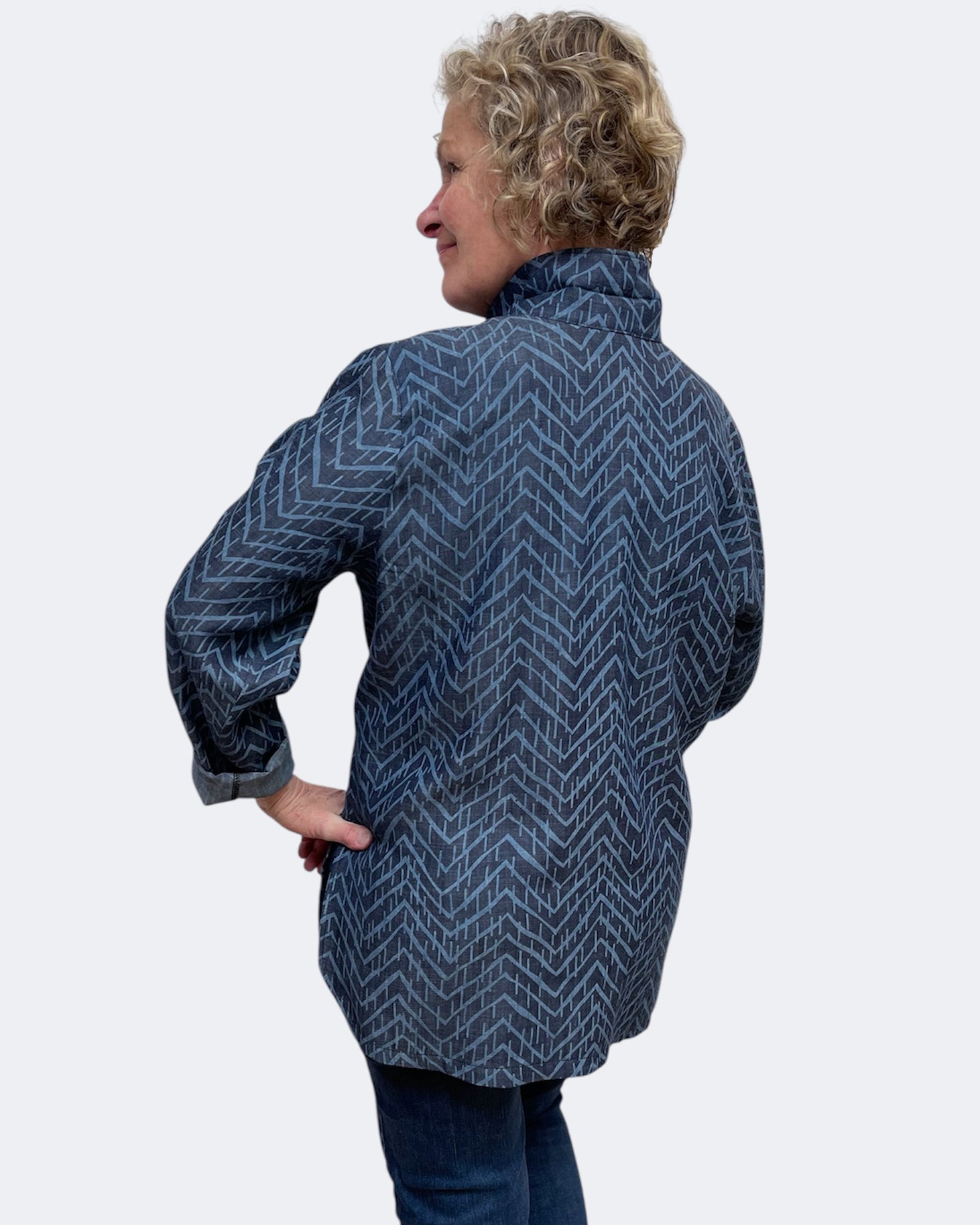 Blue Cotton Tencel Geometric Big Shirt Upcycled Buttons | Engayla