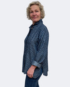 Blue Cotton Tencel Geometric Big Shirt Upcycled Buttons | Engayla