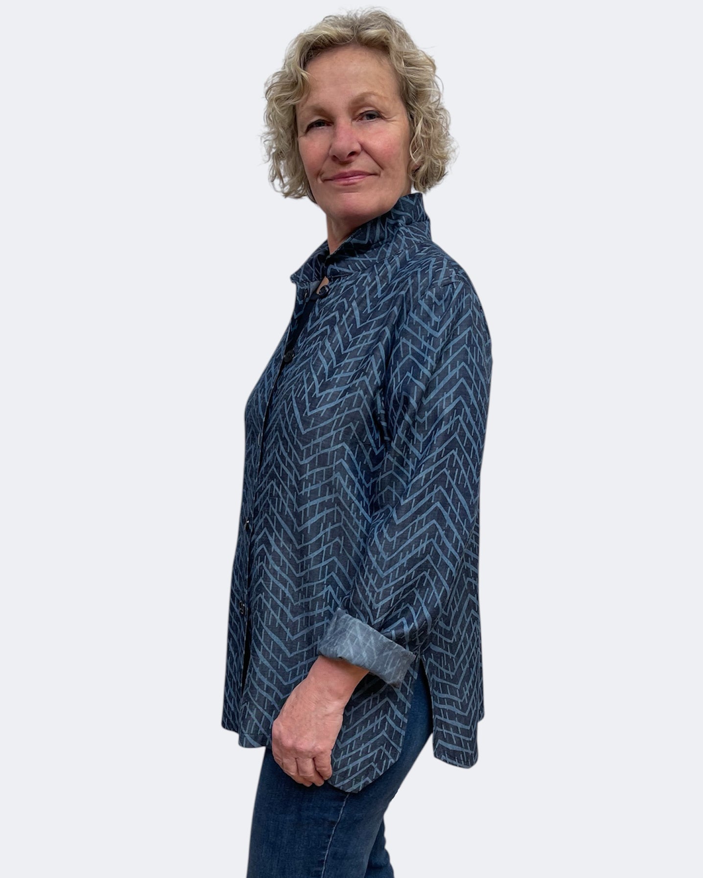 Blue Cotton Tencel Geometric Big Shirt Upcycled Buttons | Engayla