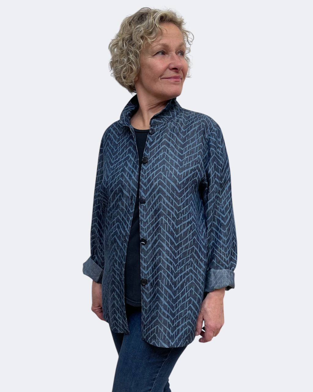 Blue Cotton Tencel Geometric Big Shirt Upcycled Buttons | Engayla
