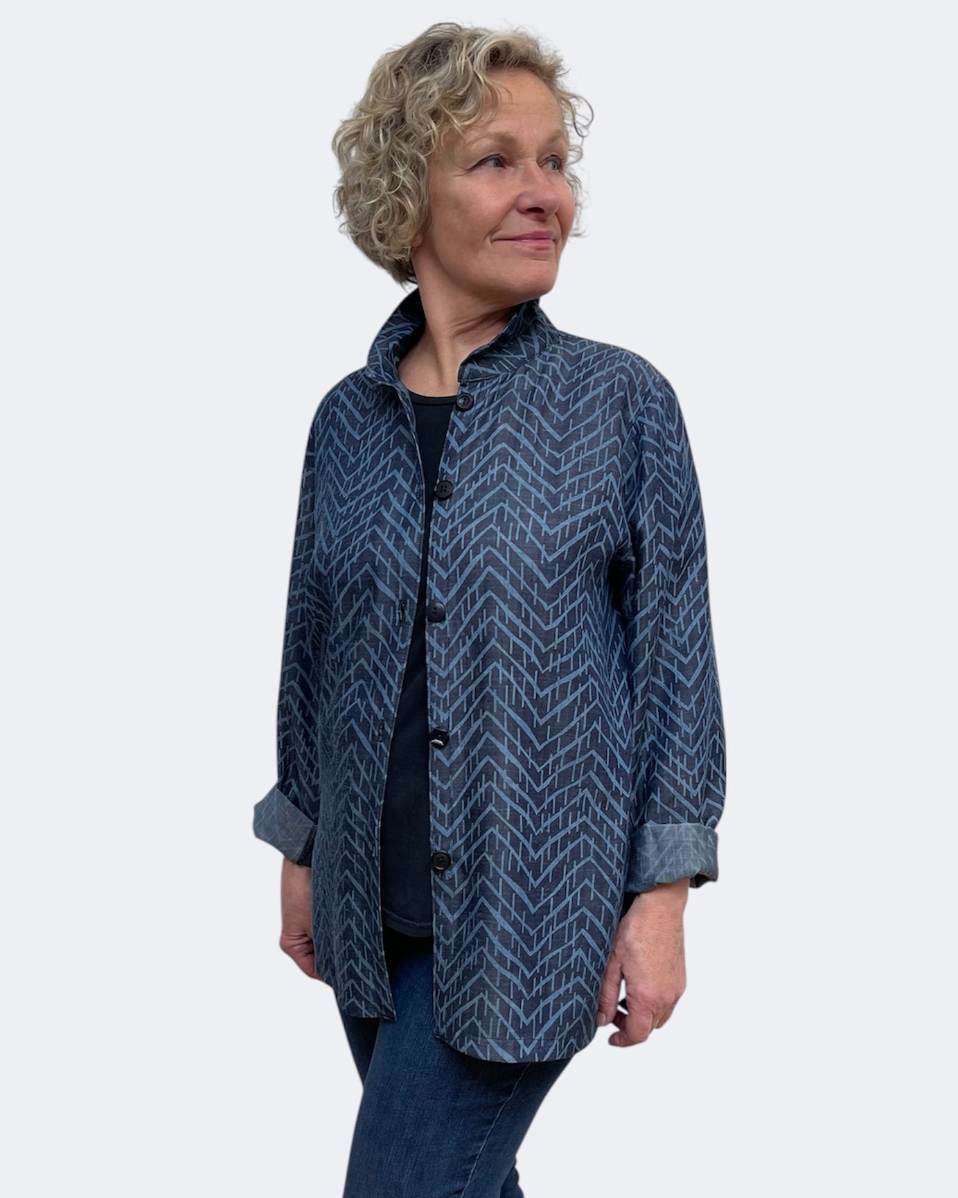 Blue Cotton Tencel Geometric Big Shirt Upcycled Buttons | Engayla