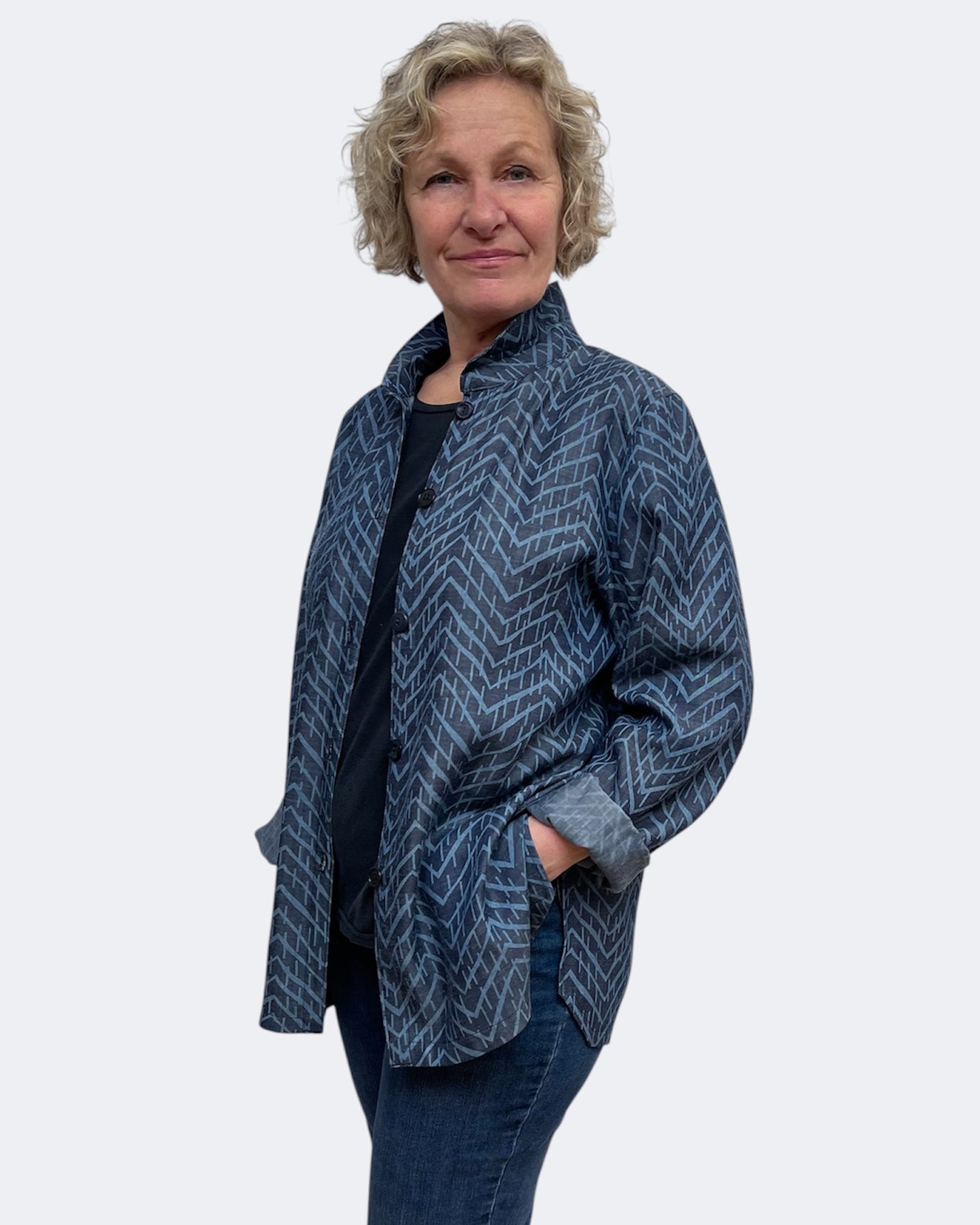 Blue Cotton Tencel Geometric Big Shirt Upcycled Buttons | Engayla