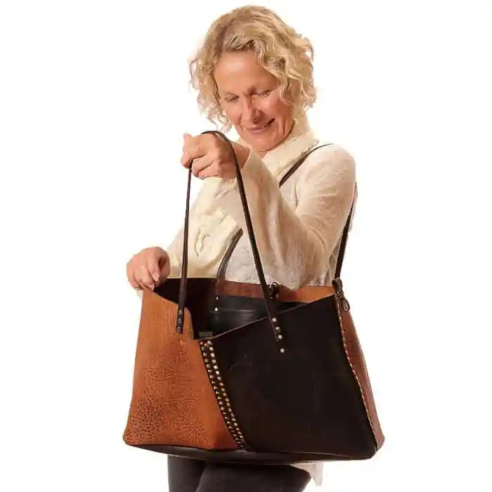 Brown Black Leather Tote Convertible Carabiner 24in | Engayla