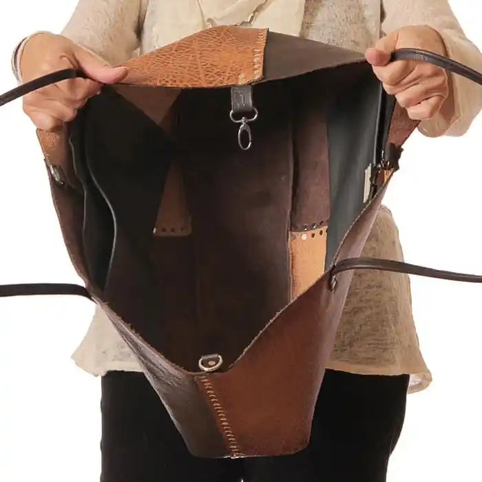 Brown Black Leather Tote Convertible Carabiner 24in | Engayla