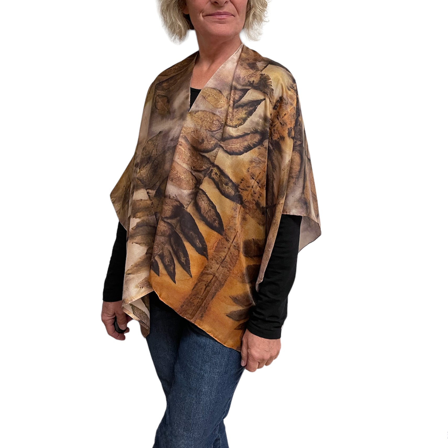 Eco-Printed Black Walnut Silk Poncho - Sustainable Fashion Cover-Up