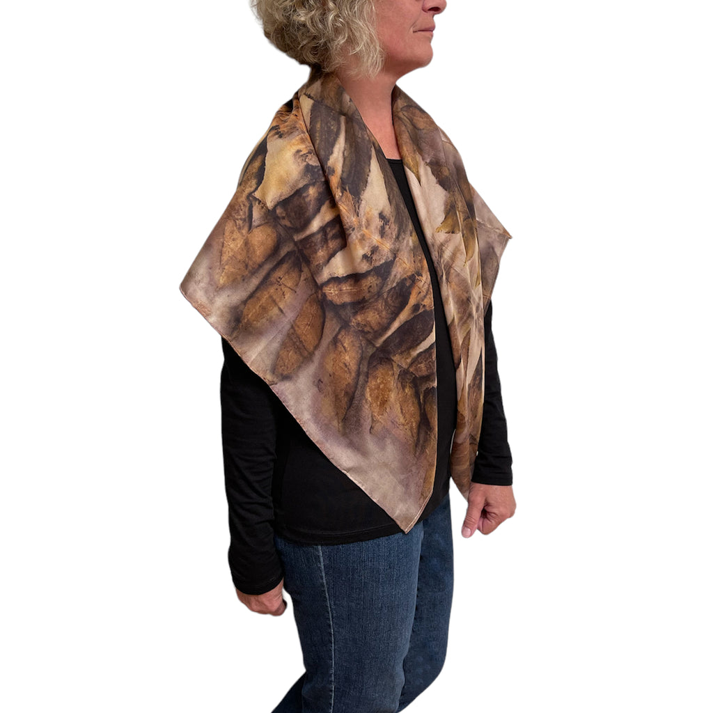 Eco-Printed Black Walnut Silk Poncho - Sustainable Fashion Cover-Up