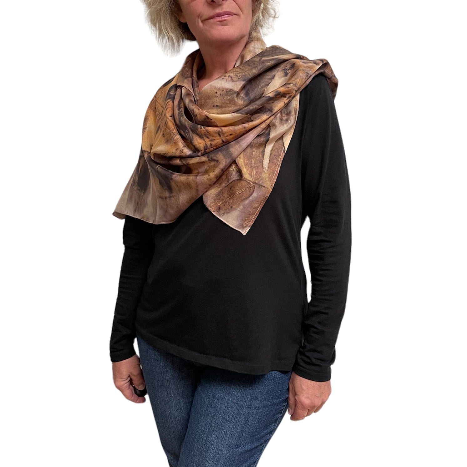 Eco-Printed Black Walnut Silk Poncho - Sustainable Fashion Cover-Up