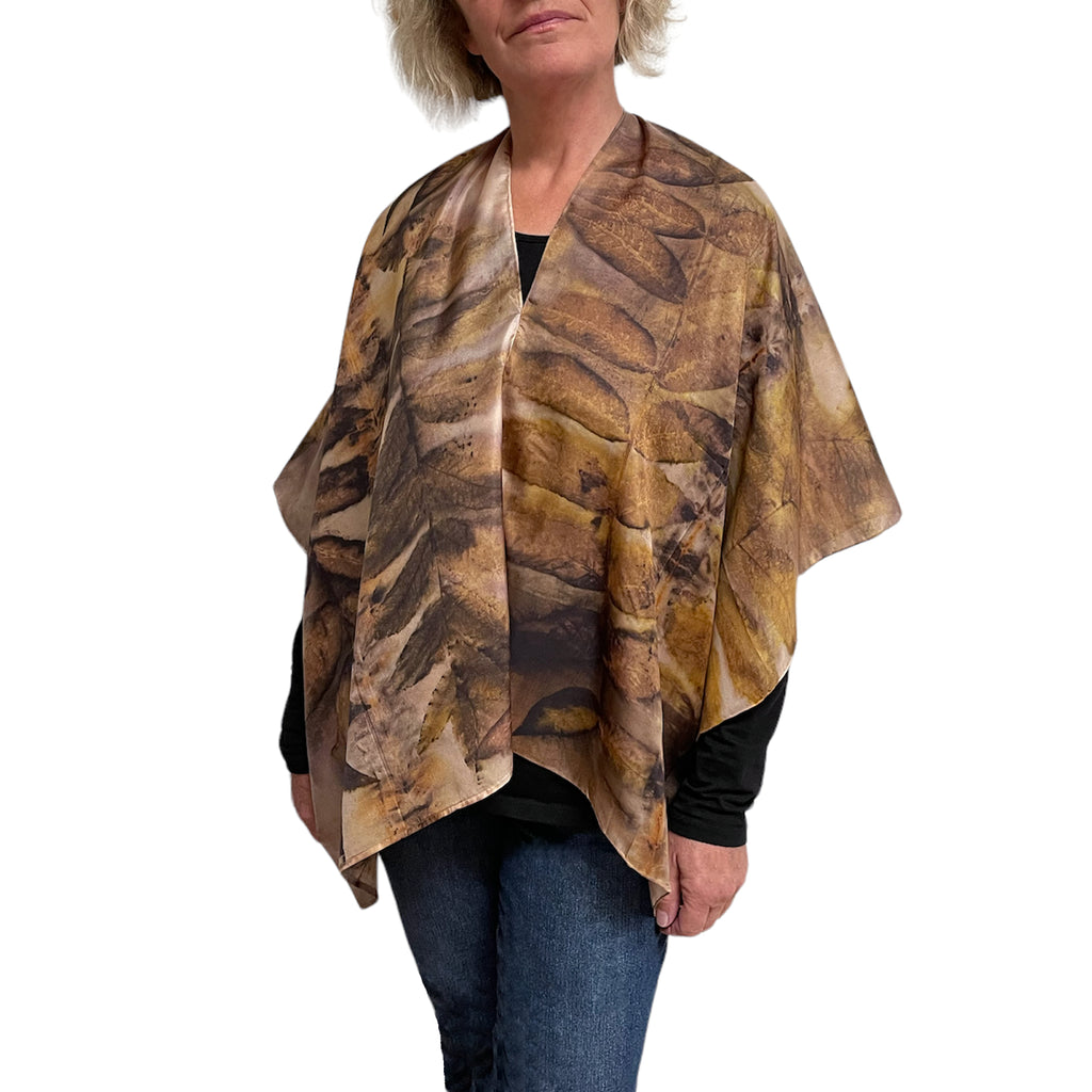 Eco-Printed Black Walnut Silk Poncho - Sustainable Fashion Cover-Up