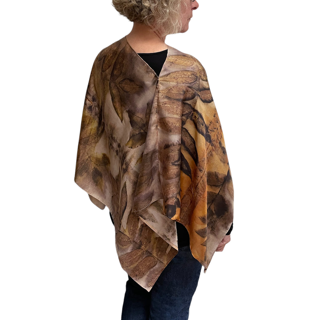 Eco-Printed Black Walnut Silk Poncho - Sustainable Fashion Cover-Up