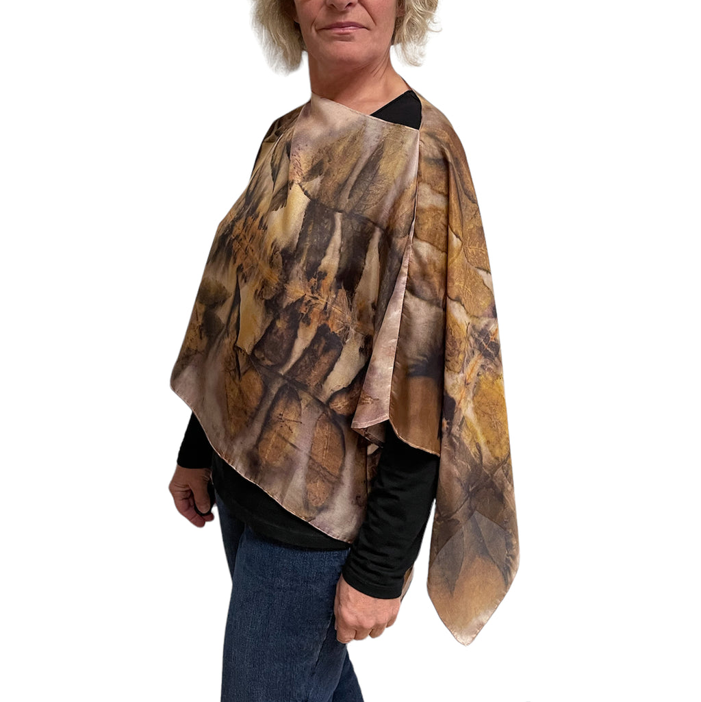 Eco-Printed Black Walnut Silk Poncho - Sustainable Fashion Cover-Up