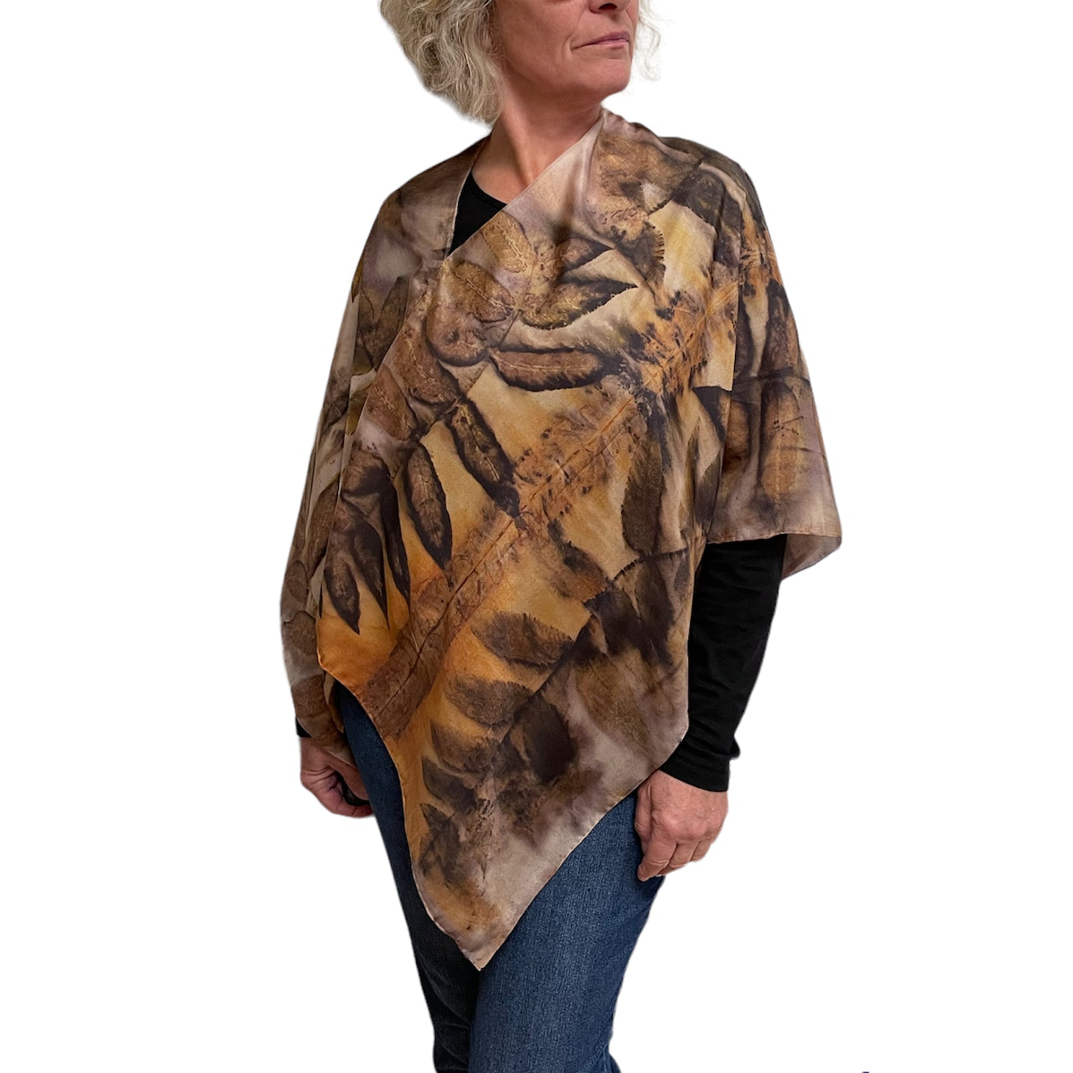 Eco-Printed Black Walnut Silk Poncho - Sustainable Fashion Cover-Up