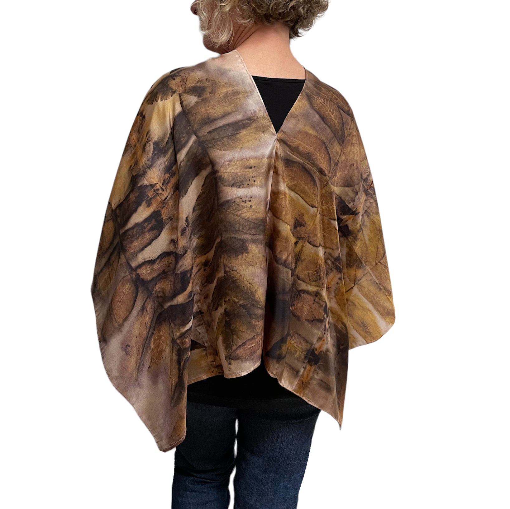 Eco-Printed Black Walnut Silk Poncho - Sustainable Fashion Cover-Up