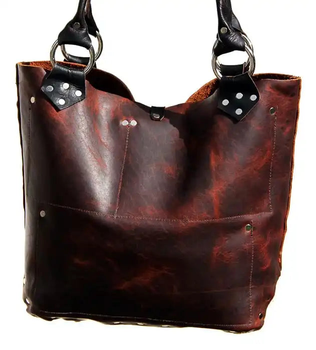 Brown Black Leather Tote Bag Riveted Unlined 16in | Engayla