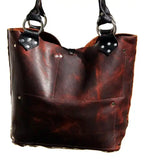 Brown Black Leather Tote Bag Riveted Unlined 16in | Engayla