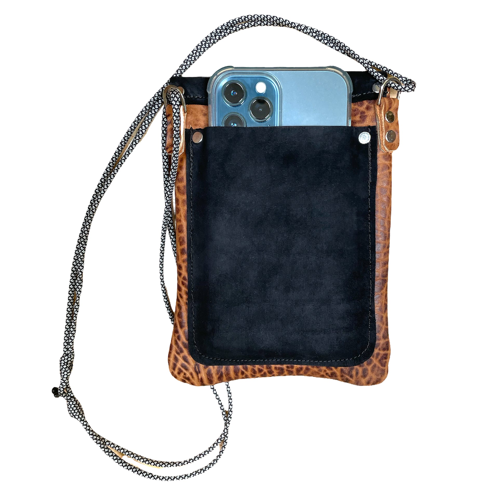 Black Leather Phone Crossbody Bag Swing Clasp Patina | Engayla