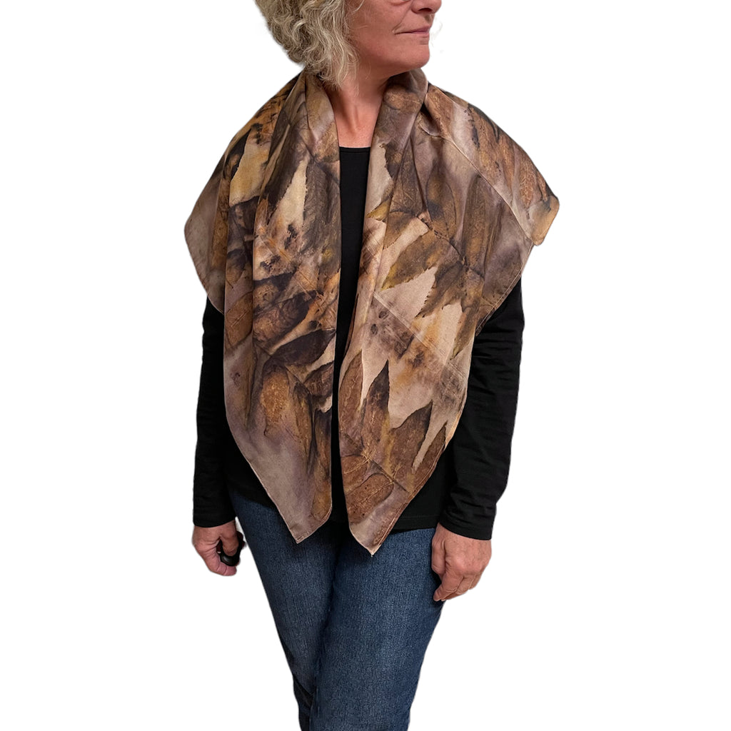 Eco-Printed Black Walnut Silk Poncho - Sustainable Fashion Cover-Up