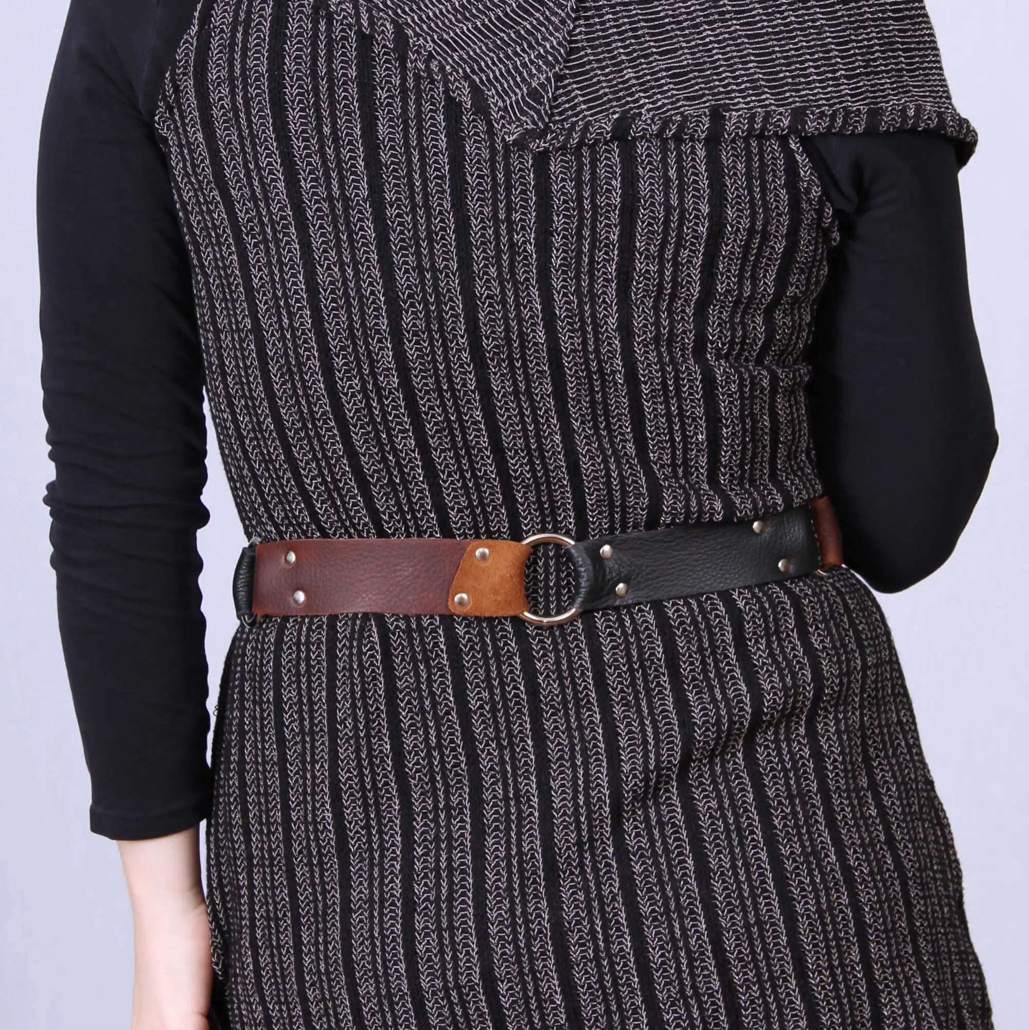 Brown Black Leather Belt 6-Strand Silver Rings Riveted | Engayla