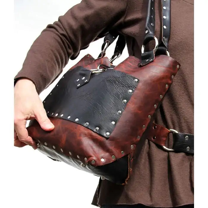 Brown Black Leather Tote Bag Riveted Unlined 16in | Engayla