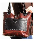 Brown Black Leather Tote Bag Riveted Unlined 16in | Engayla