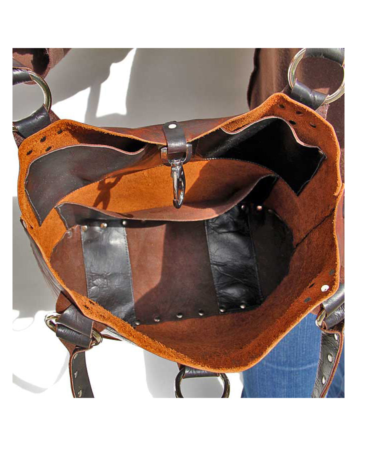 Brown Black Leather Tote Bag Riveted Unlined 16in | Engayla