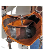 Brown Black Leather Tote Bag Riveted Unlined 16in | Engayla