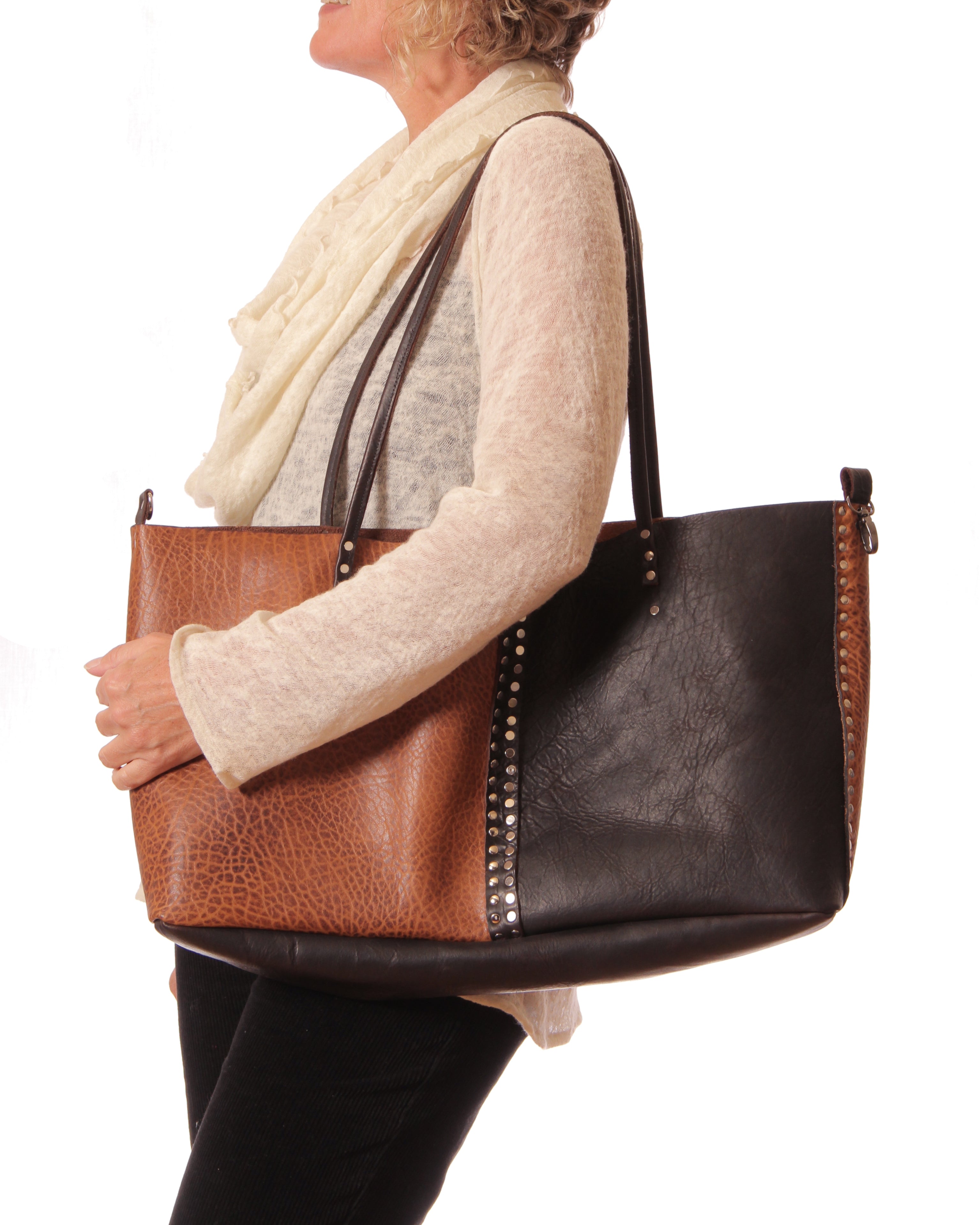 Brown Black Leather Tote Convertible Carabiner 24in | Engayla