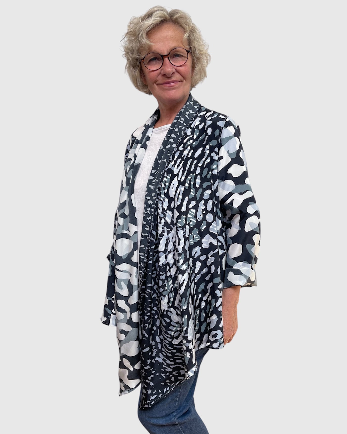 Grey Black White Silk Charmeuse Jacket Shawl Collar Engayla