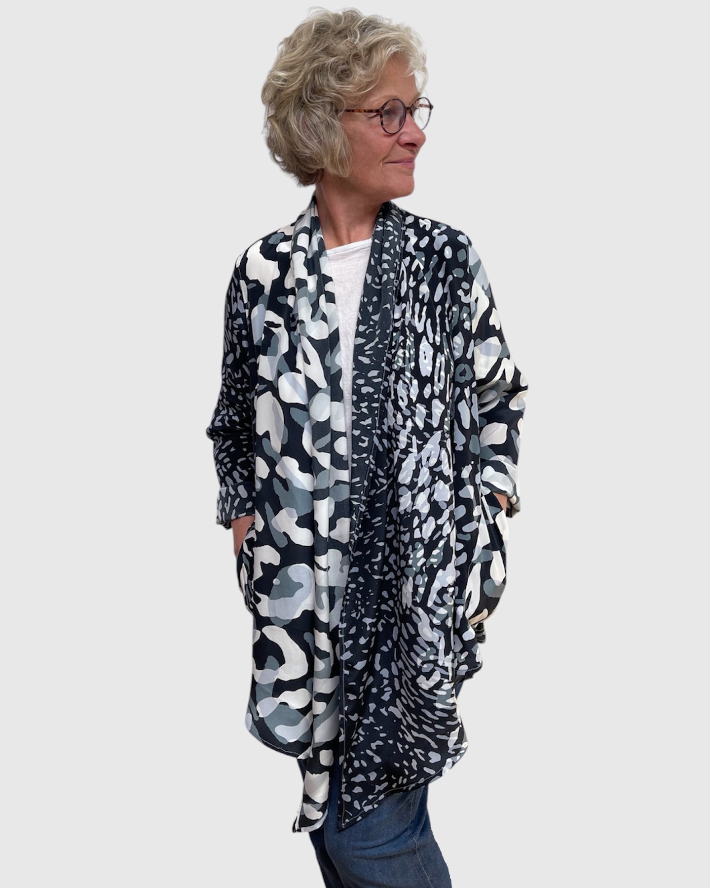 Grey Black White Silk Charmeuse Jacket Shawl Collar Engayla
