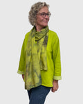 Chartreuse hand dyed cotton sweatshirt tunic with eco printed silk scarf, handmade in Seattle by Angela Ehrig