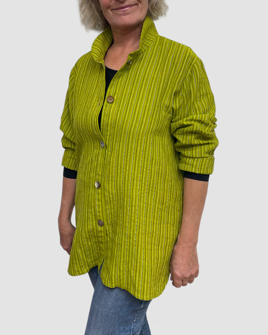 Chartreuse Hand Dyed Linen Big Shirt Upcycled Buttons | Engayla