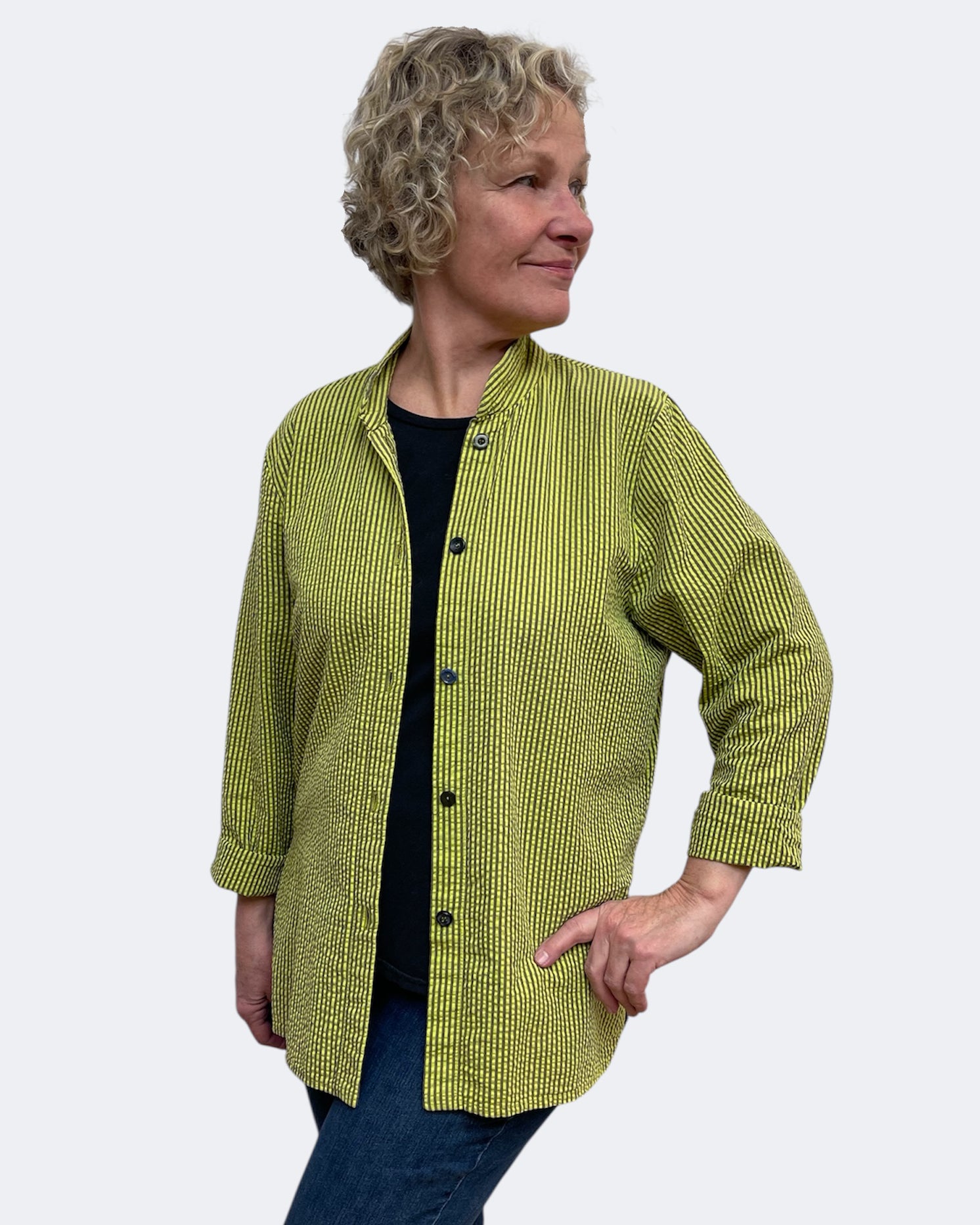 Chartreuse Cotton Seersucker Big Shirt Hand Dyed | Engayla
