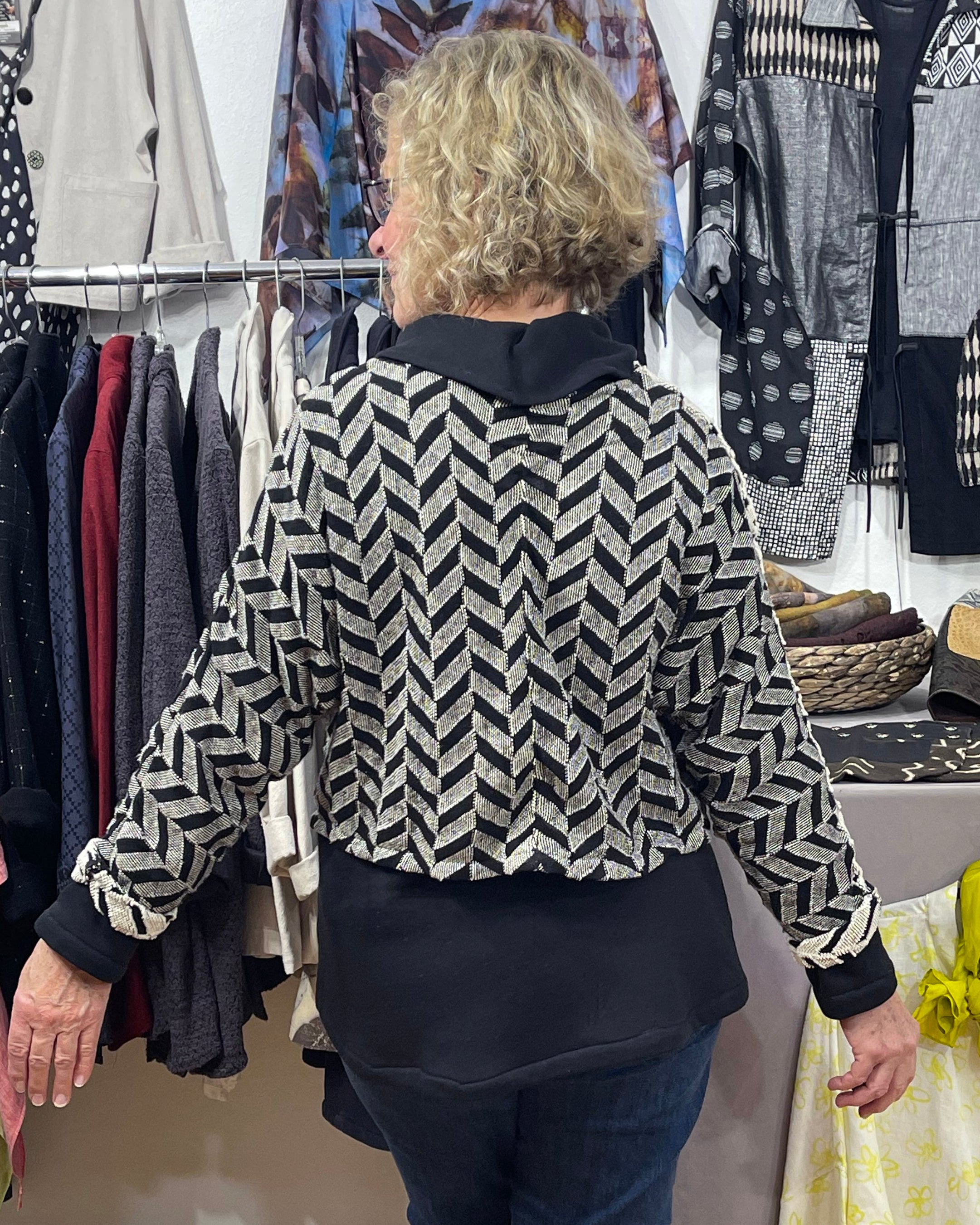 Beige Black Jacquard Cotton Bolero Jacket Washable | Engayla