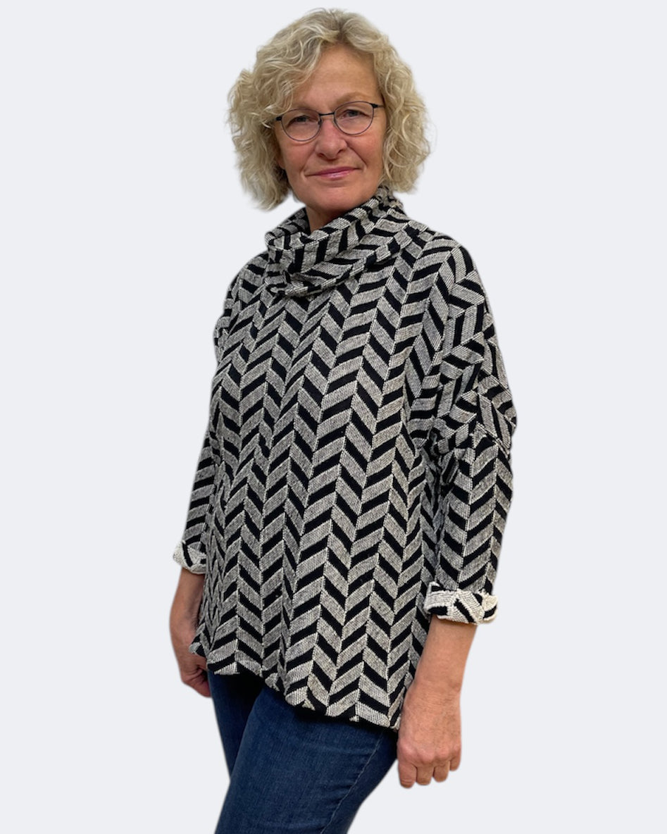 Beige Black Chevron Jacquard Cotton Cowl Tunic | Engayla