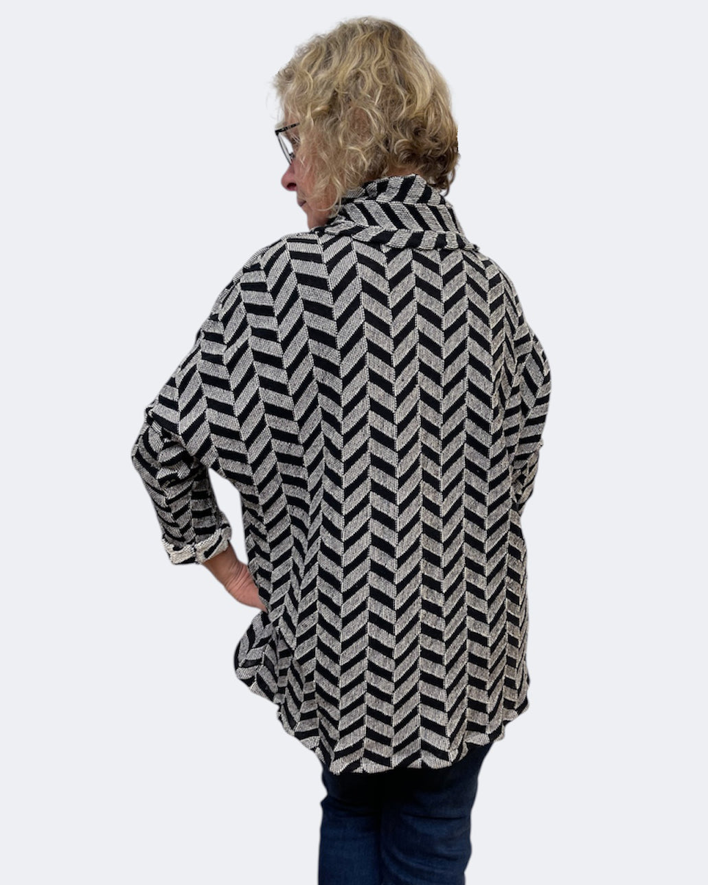 Beige Black Chevron Jacquard Cotton Cowl Tunic | Engayla