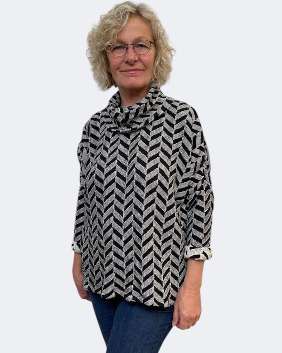 Beige Black Chevron Jacquard Cotton Cowl Tunic | Engayla