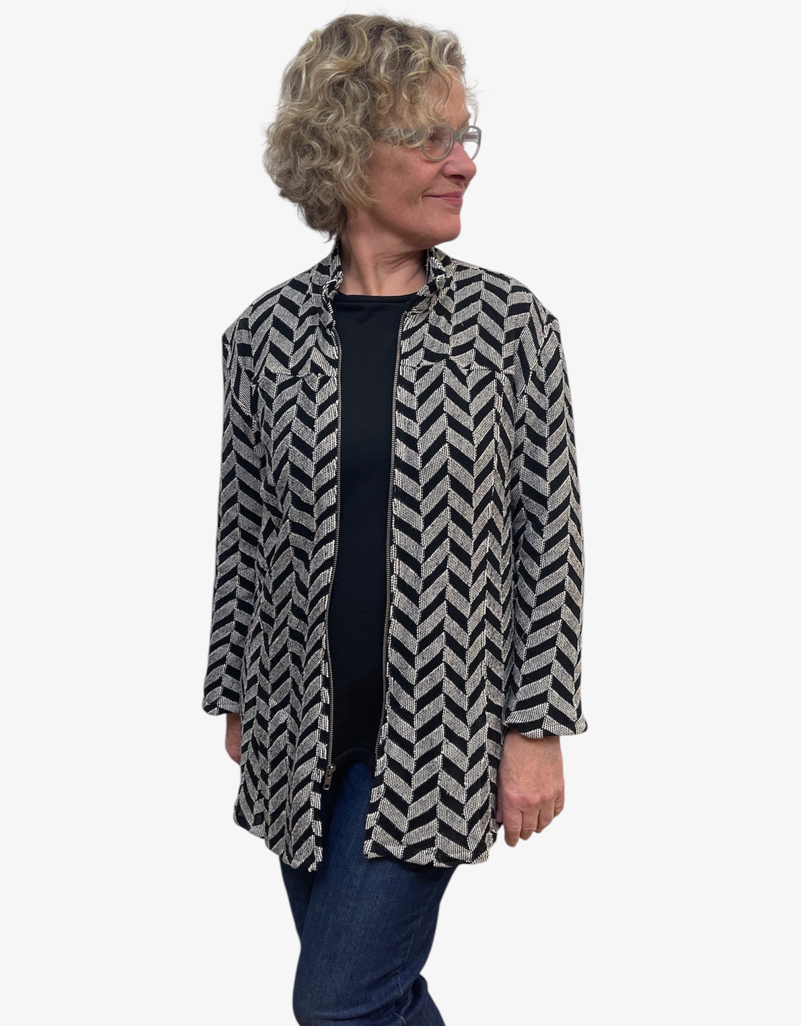 Black Natural Chevron Cotton A-Line Jacket Zipper | Engayla