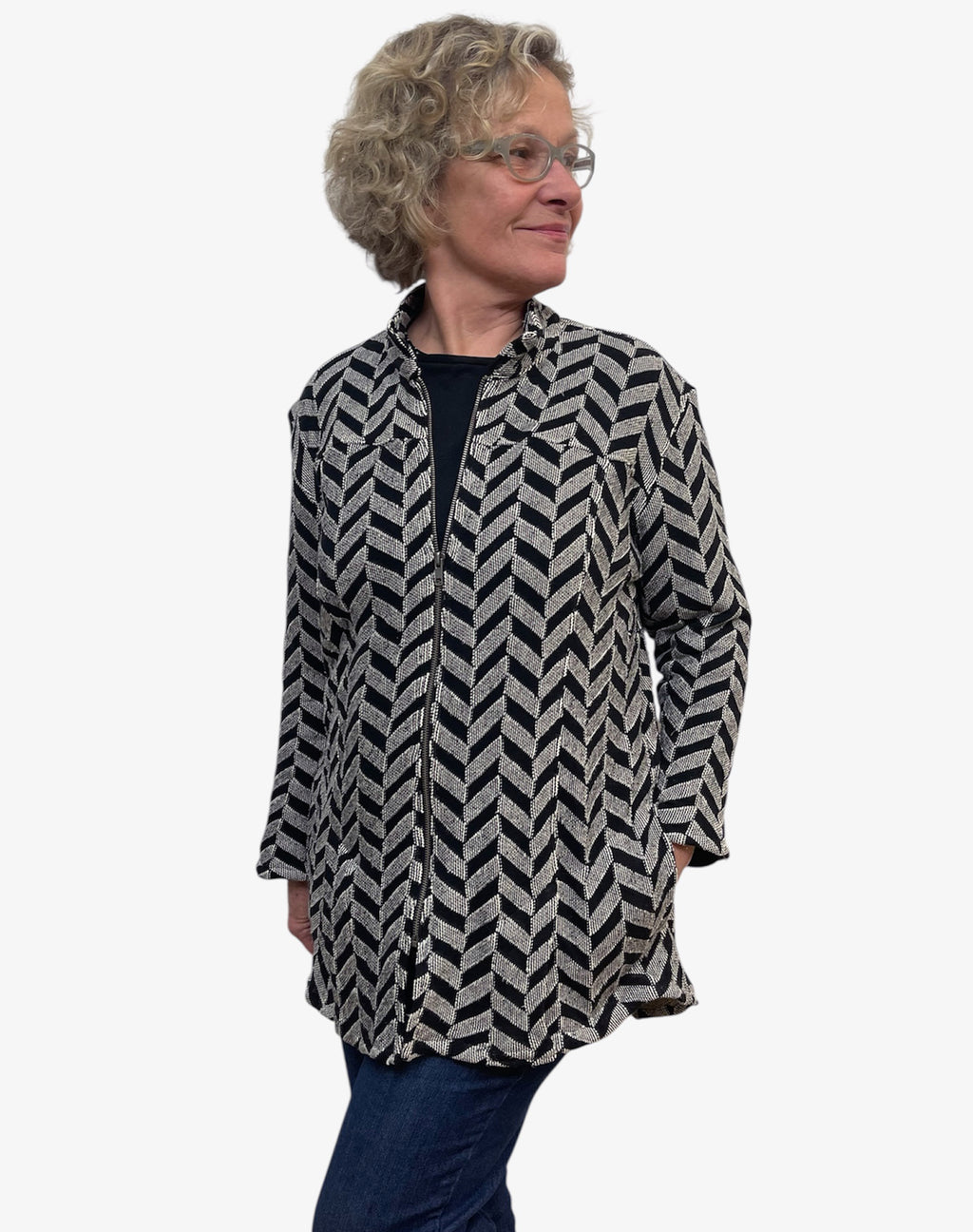 Black Natural Chevron Cotton A-Line Jacket Zipper | Engayla