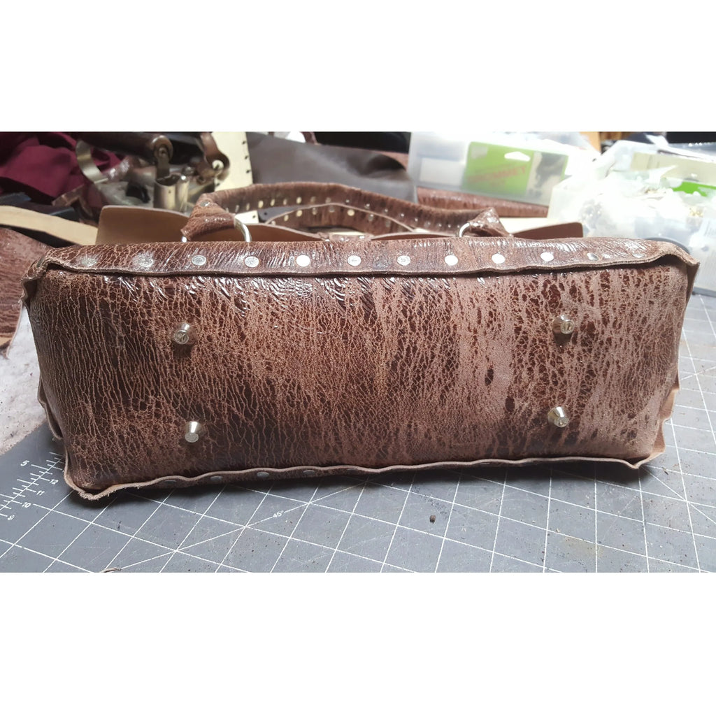 Brown Distressed Leather Purse Riveted Silver Feet | Engayla