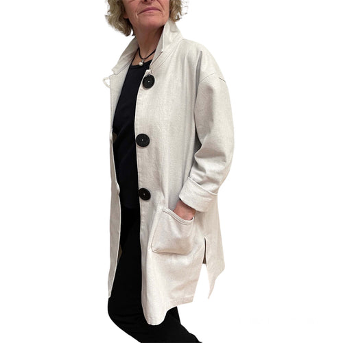 Beige Cotton Canvas Long Utility Jacket Black Buttons, handmade in Seattle by Angela Ehrig
