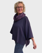 Eggplant wool tricotine tunic with cowl neck and ¾ sleeves, one size fits 6 to 14