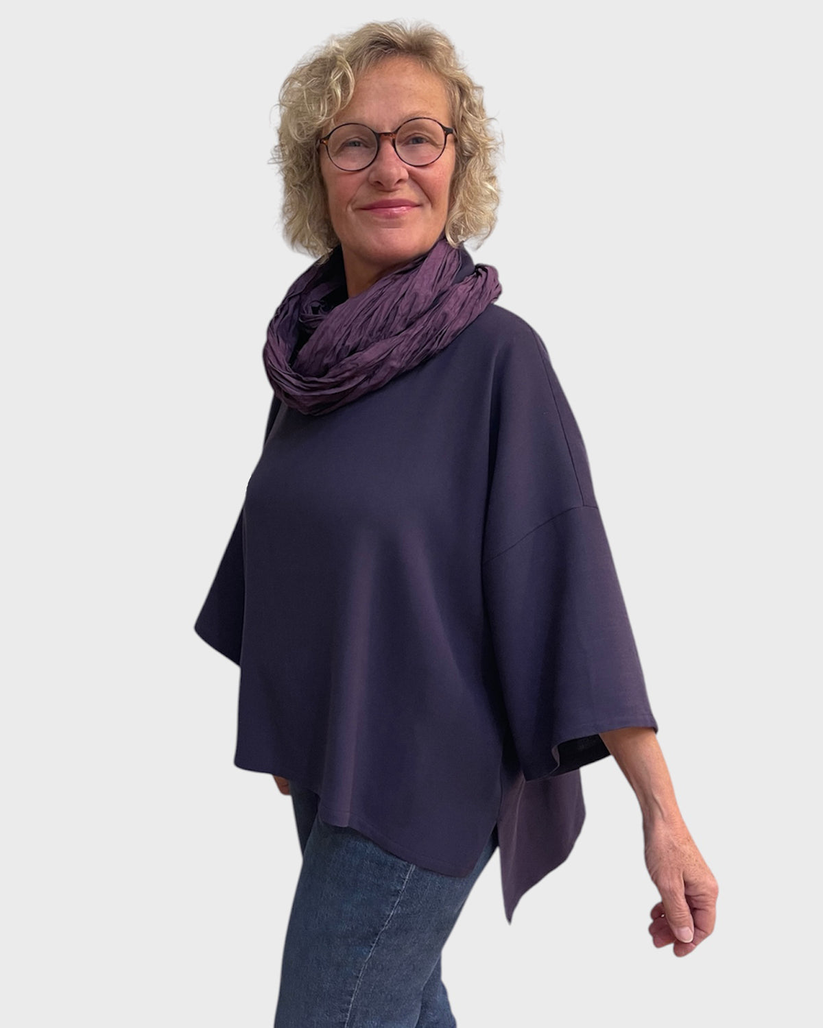 Eggplant wool tricotine tunic with cowl neck and ¾ sleeves, one size fits 6 to 14