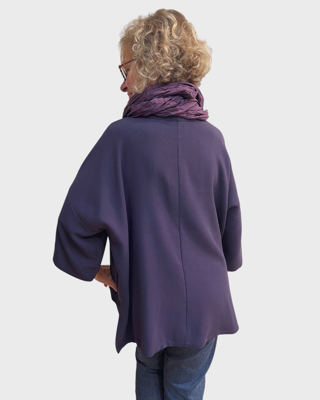 Back of slouchy eggplant wool tunic, one size women’s tunic with ¾ sleeves