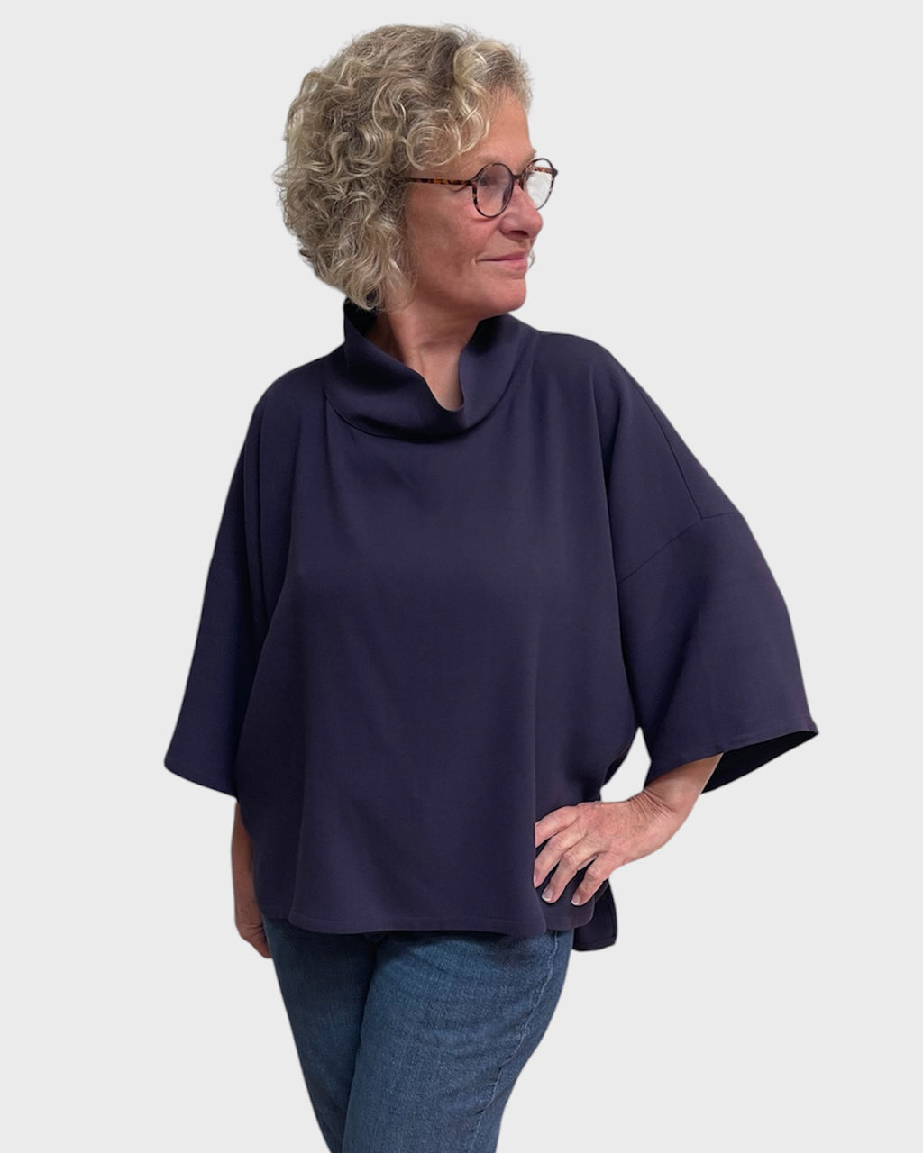 Eggplant cowl neck wool tunic worn alone, made in small batches in Seattle